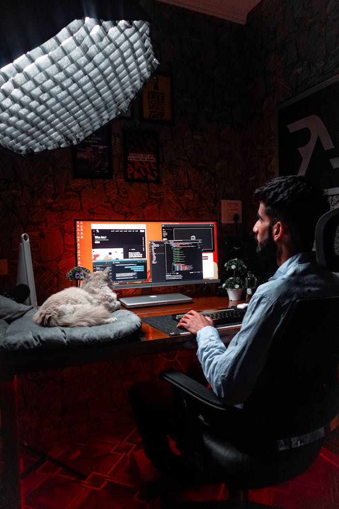 A man working at a computer in a home office with a cat nearby, using soft lighting for a cozy environment.